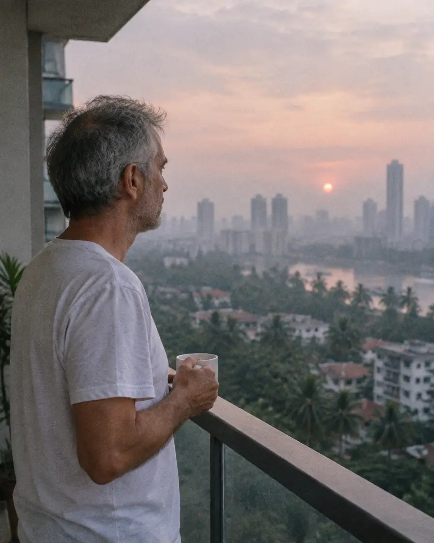 A man in his late fifties with a morning coffee on a city balcony at dawn