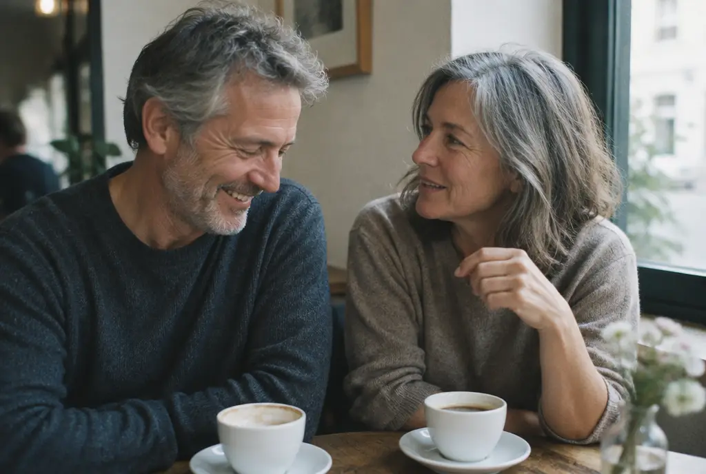 A couple in their fifties laughing together at a cafe table