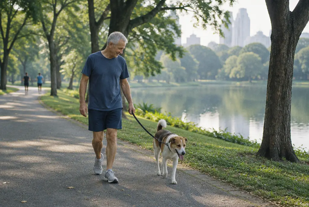 A man around sixty walking his dog in a city park in the morning