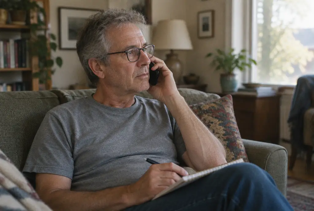 A man at home on a follow-up phone call