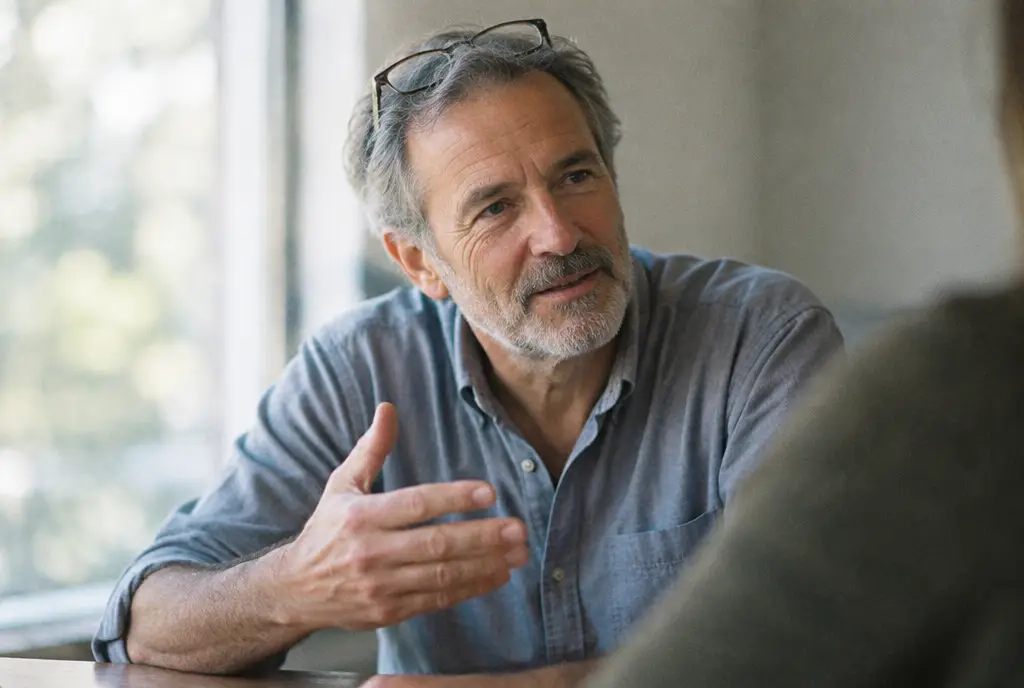 A man in his late fifties mid-conversation, explaining his symptoms
