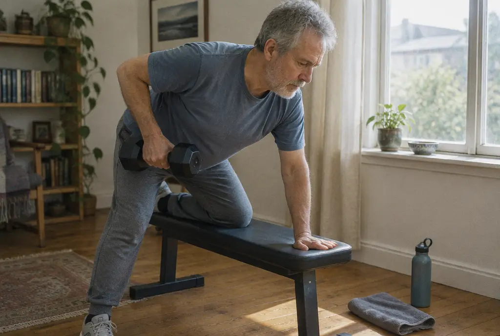 A man in his early sixties doing light strength training at home